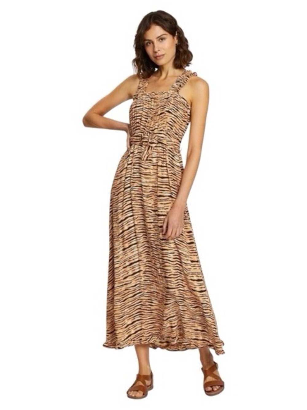 Faithfull the Brand Saint Tropez Midi Dress in Wyldie Animal Print, Tan, Sz S